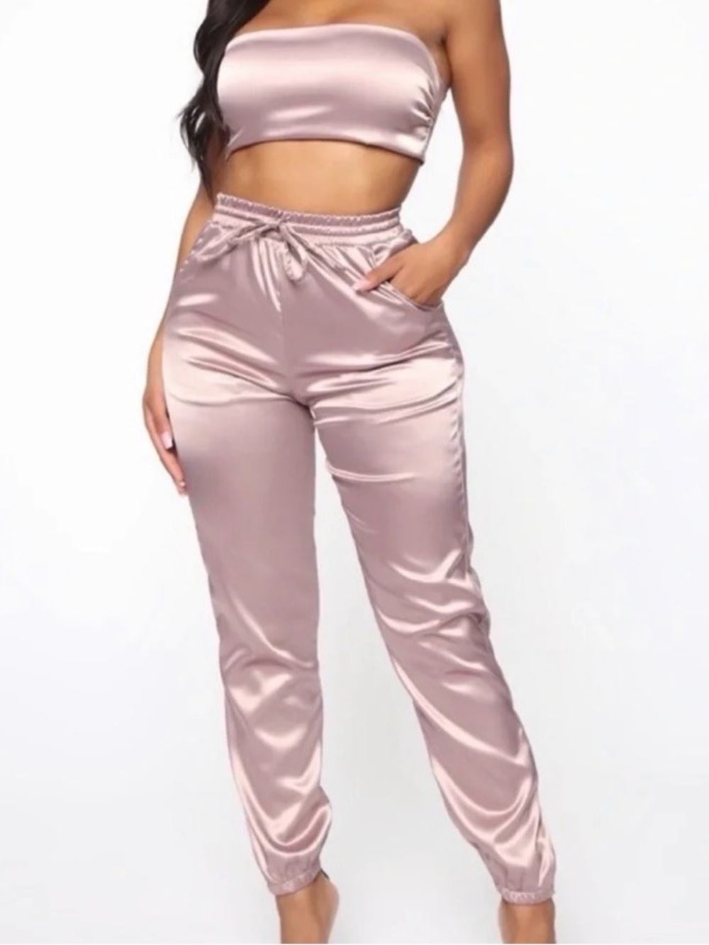 Fashion Nova Satin Pants in Mauve Taupe